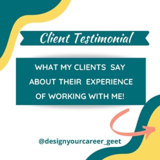 What my clients say about me....

Each one of my clients’ needs, life stages, experiences and challenges have been different. 

That is why what I offer through the Design Your Career program is a 1:1 customised career coaching that allows you to:

⚡️Empathise with yourself and get the confidence to create your career journey your way!

⚡️ Clarify and Define your super powers - Purpose, Talents , Skills, Passions, Values and Strengths.

⚡️Ideate your Career Blueprint that is truly based on your personal priorities. Map career ideas with the direction given by your Career compass and plan the action steps that make your career blueprint a reality!

⚡️Personal Branding strategies to go and grab your dream job - Resume, LinkedIn, Job Search, Networking and Interview strategies that help go from Career clarity to Career Happy!

If you feel confused and frustrated because you feel that you are stuck in the wrong job? Then start the journey of DYC where you can design your career such that it is fulfilling, happy and exciting. 

P.S. You can DM me or Book a free Career clarity call today and let’s see how I can help you get unstuck and clear about your career goals and career path ahead!

#dreamjob
#changeyourmindset
#careers
#humanresources
#careersuccess
#careerpath
#careerwomen
#careermode
#goalgetters
#gettingthingsdone
#businessprofessional
#selfdevelopmenttools
#buildalifeyoulove
#9to5chic
#getthingsdone
#careercounseling
#workculture
#goalcrushing
#careertransition
#careertalk
#womenwhoboss
#careerhelp
#careermotivation
#caeerdriven
#careertip
#futurejobs
#findyourdreamjob